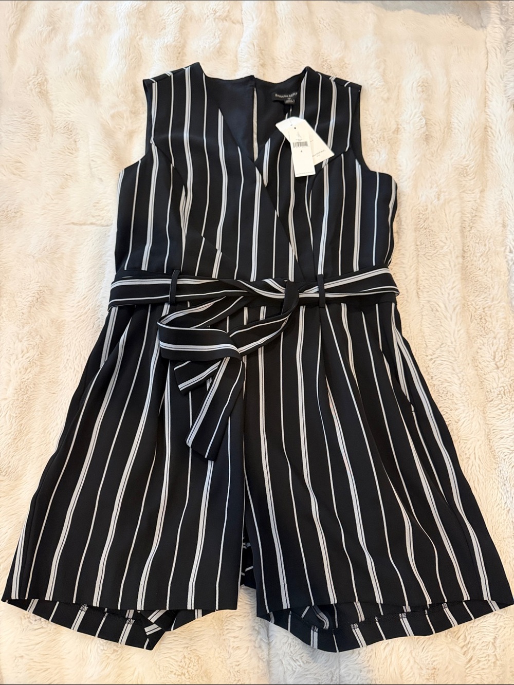 BR Sleeveless Black & White Striped Wrap Romper with Waist Tie